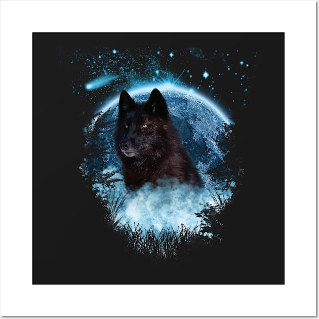 Black Wolf Blue Moon Full Scape Wall Art by Ratherkool